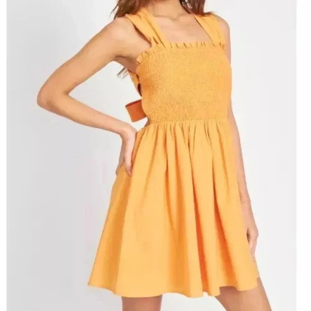 EMORY PARK Babydoll Mini Dress (Color: Orange/Apricot)